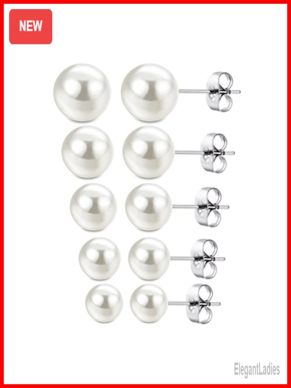 Faux Pearl Stud Earrings 5 Pairs Surgical Stainless Steel Hypoallergenic